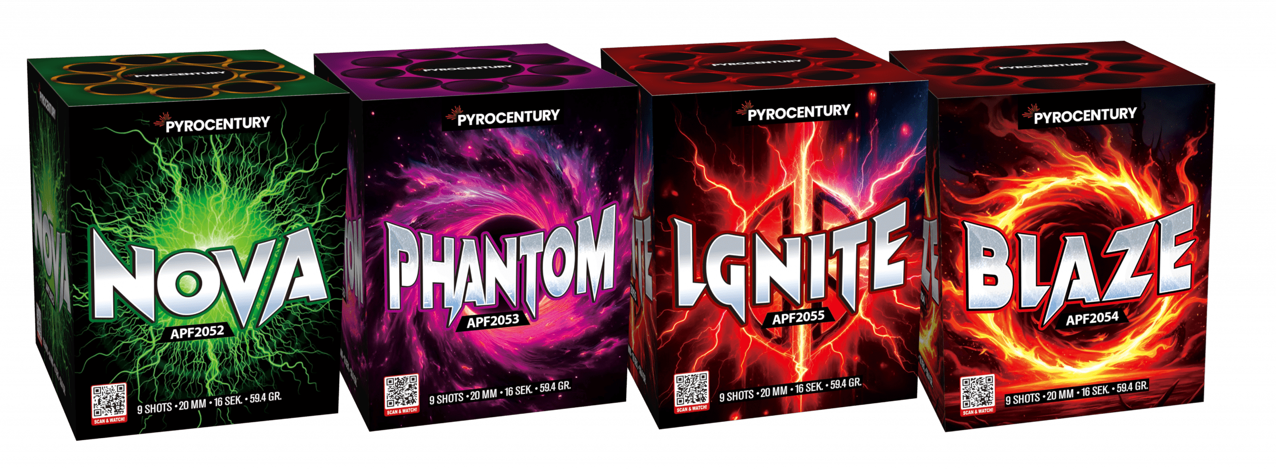 Pyrocentury Feuerwerkssortiment Blaze, Nova, Ignite, Phantom 4x9 Schuss Feuerwerkssortiment